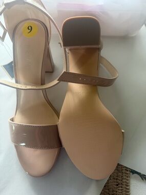 Nude Patent Block Heel Sandals with Ankle Strap